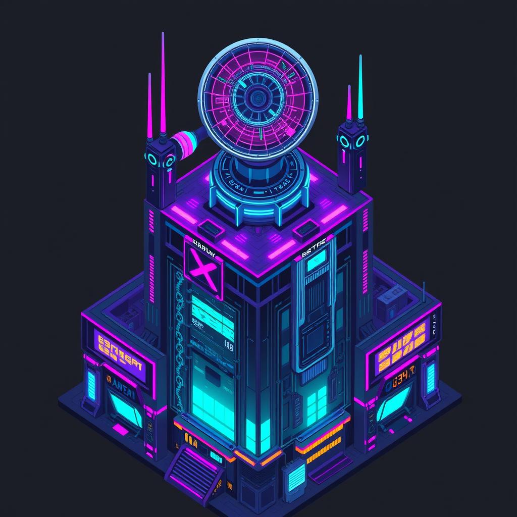 A cyberpunk radar building created in 2D pixel art style, viewed from a top-down perspective