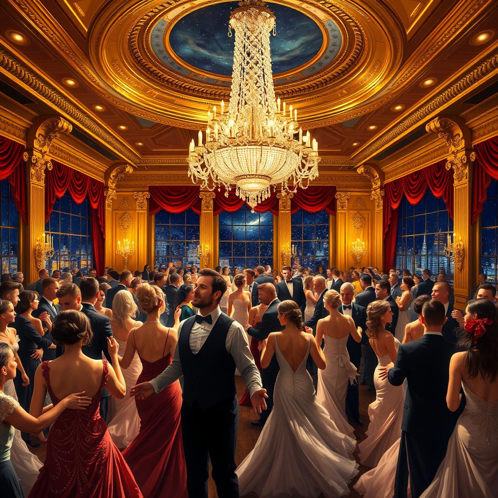 A luxurious scene depicting a grand ballroom filled with elegantly dressed guests dancing under a magnificent chandelier