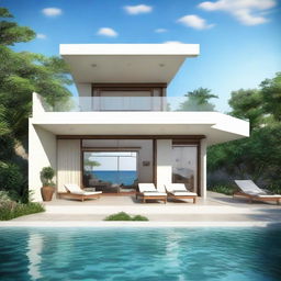 A single-story, sea view villa with terraced contours and without a roof. The villa, set on a 100m2 land, has a building area of 60m2 on the first floor. The second storey contains an infinity pool and carport. Each floor houses a bedroom, living room, and bathroom. A balcony graces the second story.