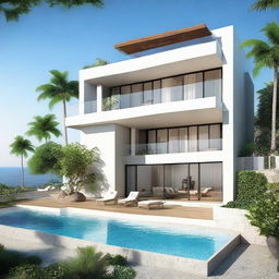 A single-story, sea view villa with terraced contours and without a roof. The villa, set on a 100m2 land, has a building area of 60m2 on the first floor. The second storey contains an infinity pool and carport. Each floor houses a bedroom, living room, and bathroom. A balcony graces the second story.