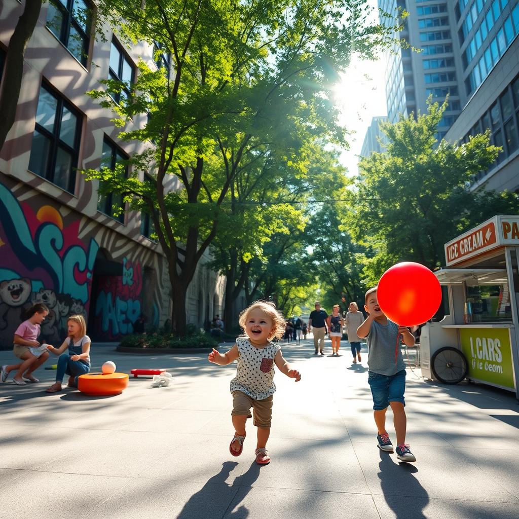 A young child joyfully playing in a vibrant city environment, surrounded by tall buildings, colorful street art, and lush greenery