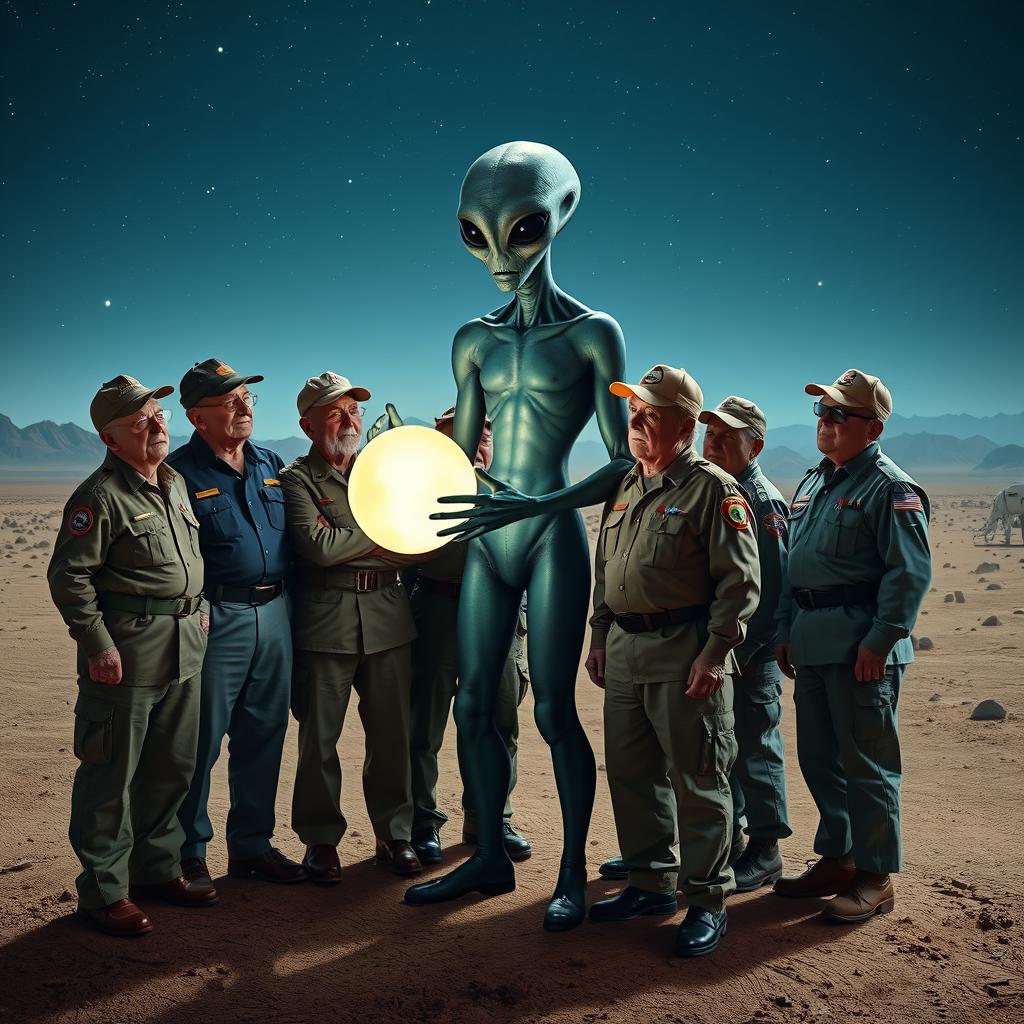 A group of veterans gathered around a mysterious alien artifact on a barren landscape, showcasing expressions of awe and curiosity