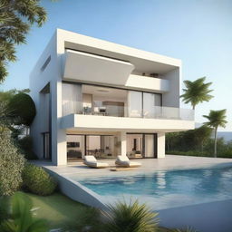 A single-story, sea view villa with terraced contours and without a roof. The villa, set on a 100m2 land, has a building area of 60m2 on the first floor. The second storey contains an infinity pool and carport. Each floor houses a bedroom, living room, and bathroom. A balcony graces the second story.