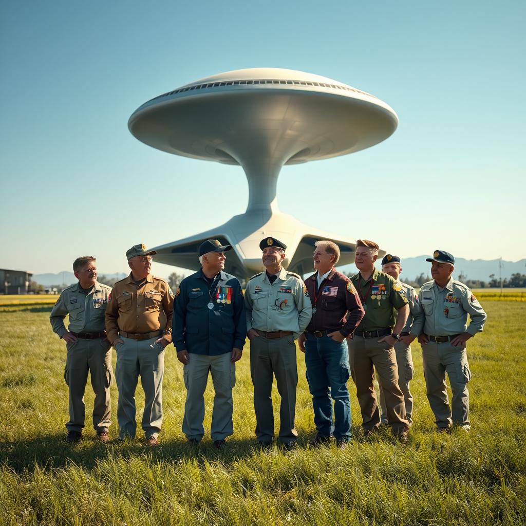 A captivating scene featuring a diverse group of veterans standing proudly in front of an alien spaceship, which is sleek and futuristic, positioned in a lush green field under a clear blue sky