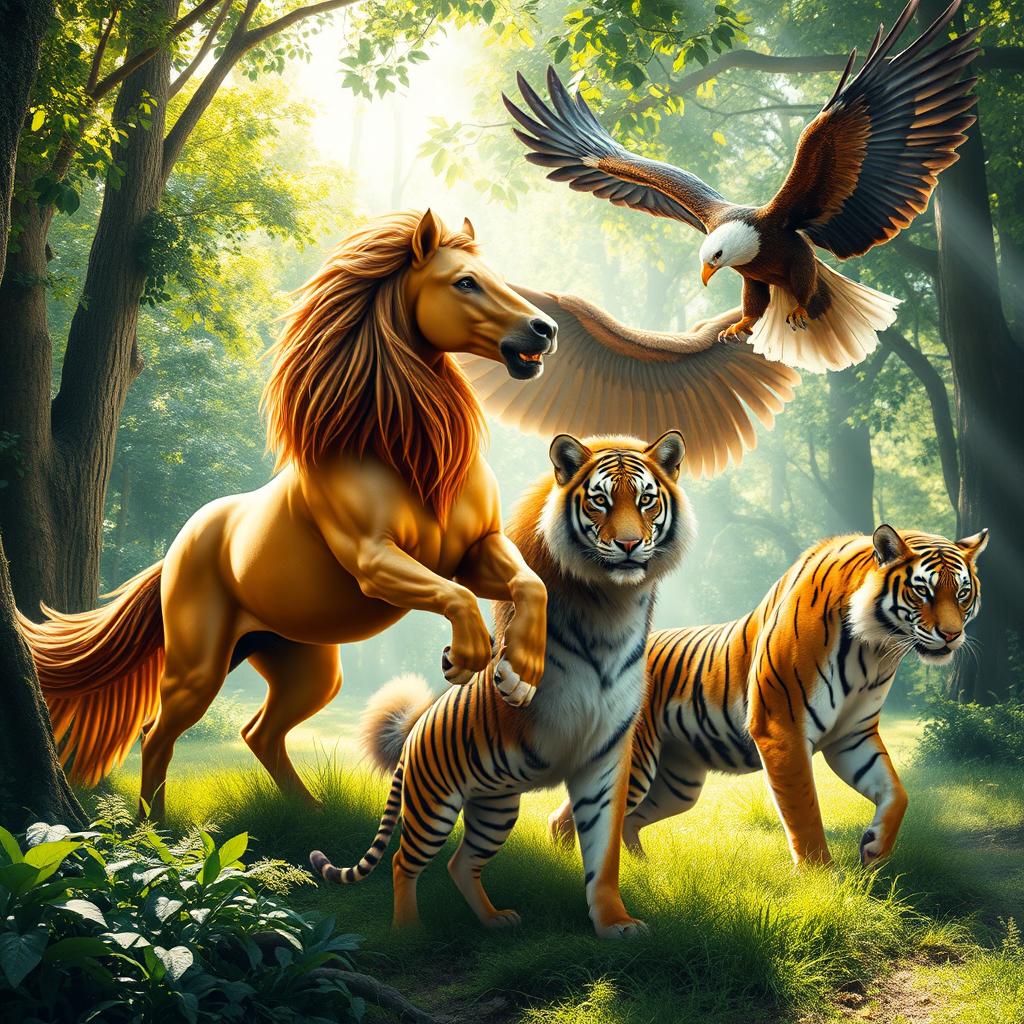 A majestic scene depicting a fictional blend of animals: a lion with the grace and features of a horse, showcasing a stunning mane and powerful physique