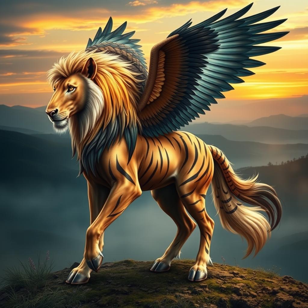 A captivating fictional creature that is a hybrid of a lion, horse, eagle, wolf, and tiger