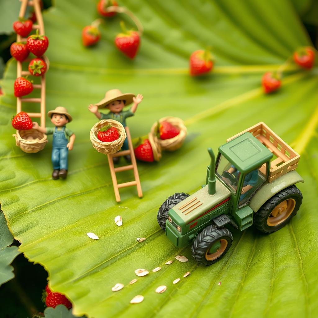A whimsical scene depicting tiny farmers climbing ladders to pick strawberries and placing them into intricately woven baskets
