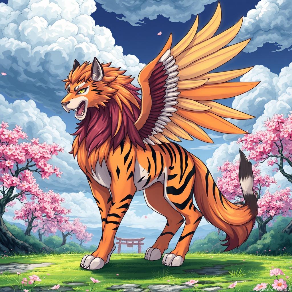 An anime-style illustration of a fantastical creature that is a unique fusion of a lion, horse, eagle, wolf, and tiger