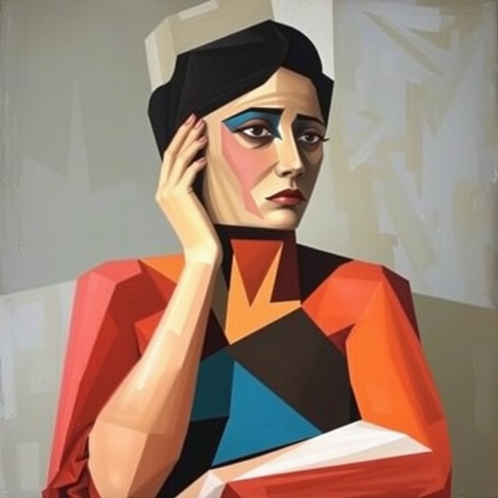 A painting of a sad woman in the cubist style, featuring fragmented shapes and vivid colors, showing her sorrow through abstract forms
