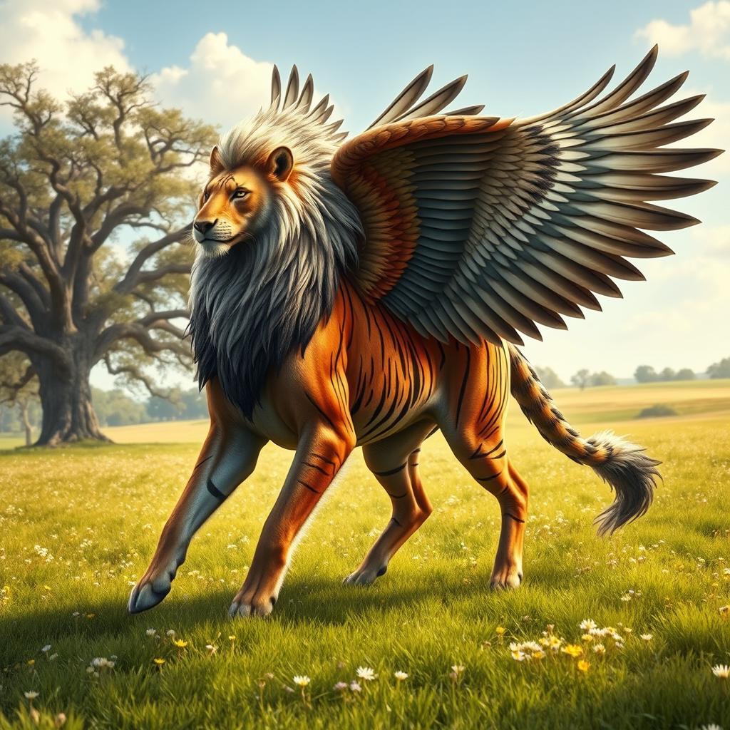 A stunningly realistic depiction of a fictional creature that combines the majestic features of a lion, horse, eagle, wolf, and tiger