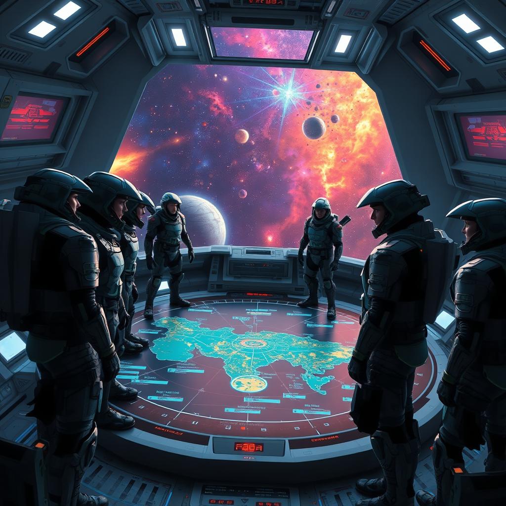 An epic scene of veterans in futuristic space armor, standing heroically on the bridge of a massive spaceship inspired by the game OGame