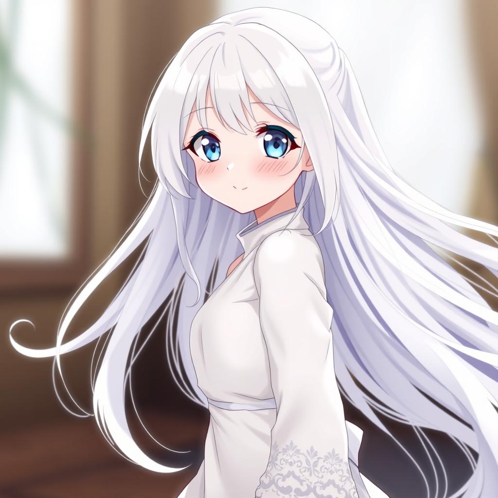 A beautiful anime girl with long, flowing white hair cascading down her back, striking blue eyes sparkling with mischief and curiosity, long delicate eyelashes, and soft rosy pink cheeks