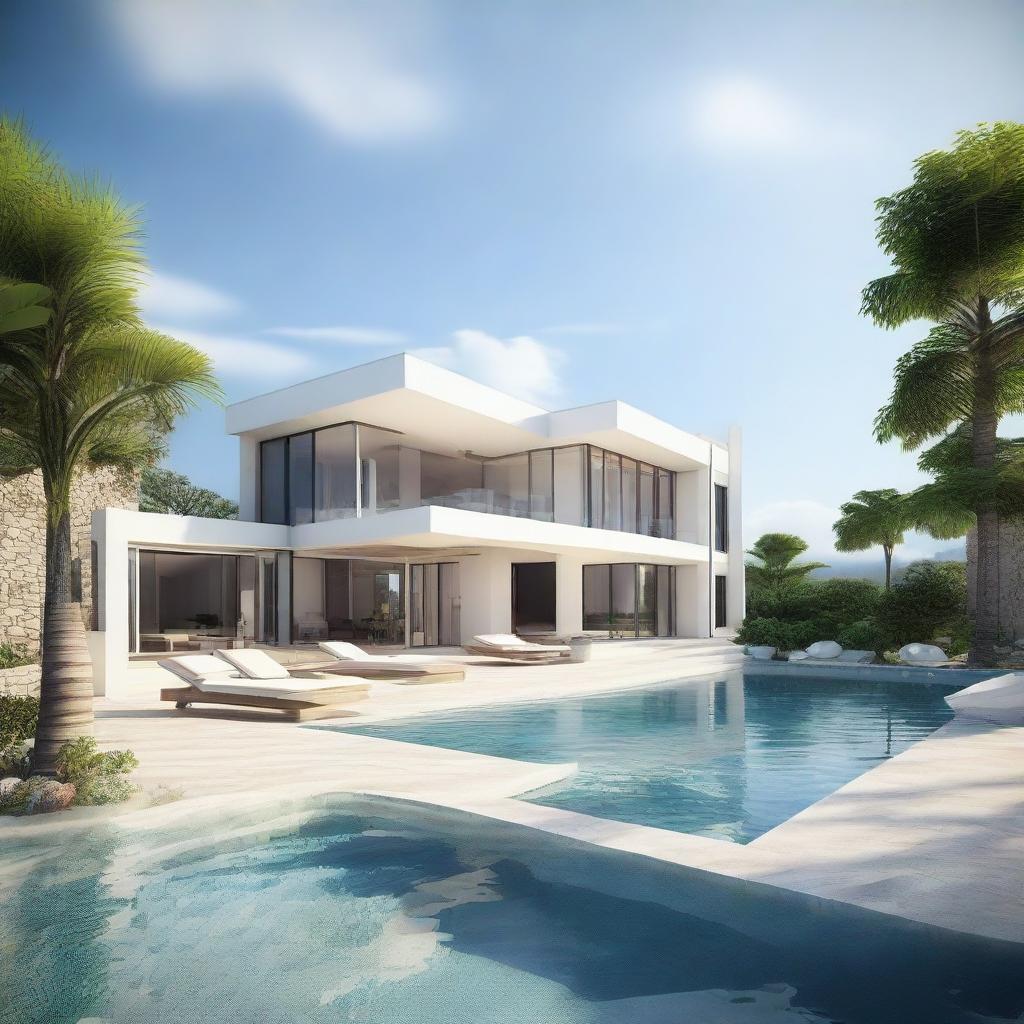 A single-story, sea view villa with terraced contours and without a roof. The villa, set on a 100m2 land, has a building area of 60m2 on the first floor. The second storey contains an infinity pool and carport. Each floor houses a bedroom, living room, and bathroom. A balcony graces the second story.