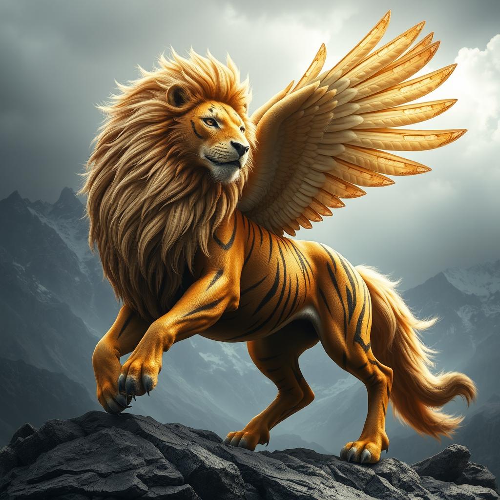 A strikingly powerful fictional creature that seamlessly combines the formidable traits of a lion, horse, eagle, wolf, and tiger