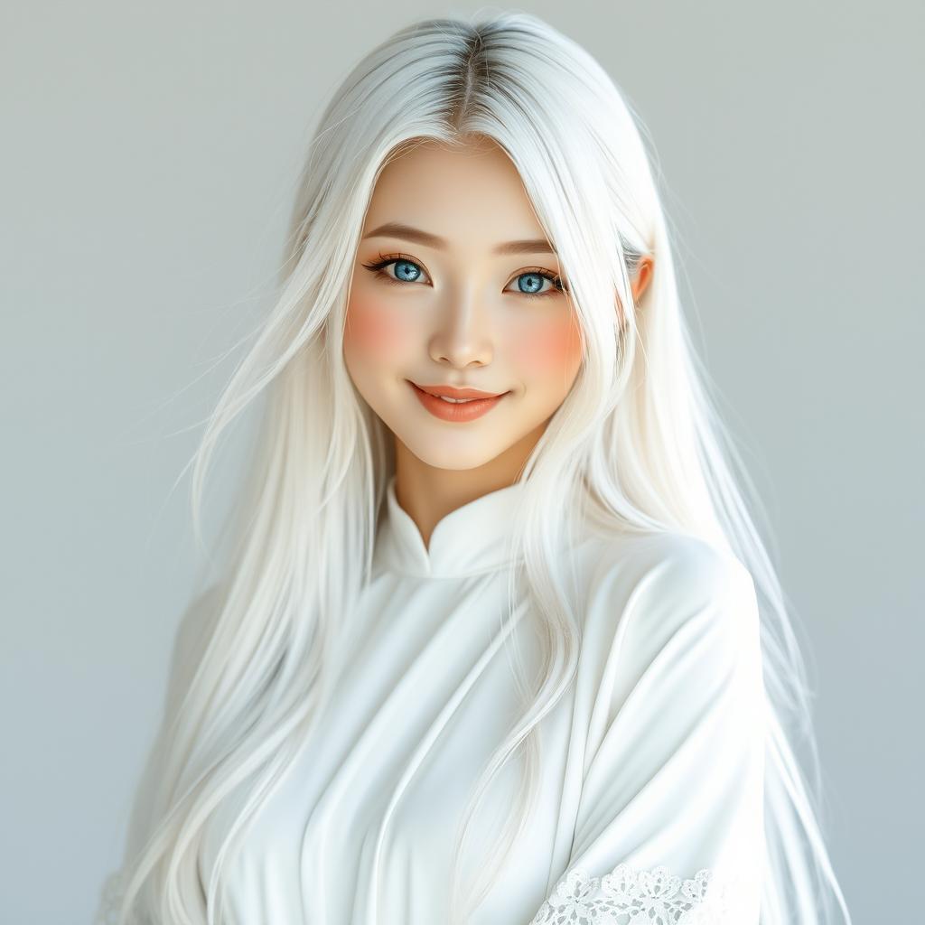 A beautiful Japanese woman with long, flowing white hair cascading down her back, striking blue eyes sparkling with mischief and curiosity, long delicate eyelashes, and soft rosy pink cheeks