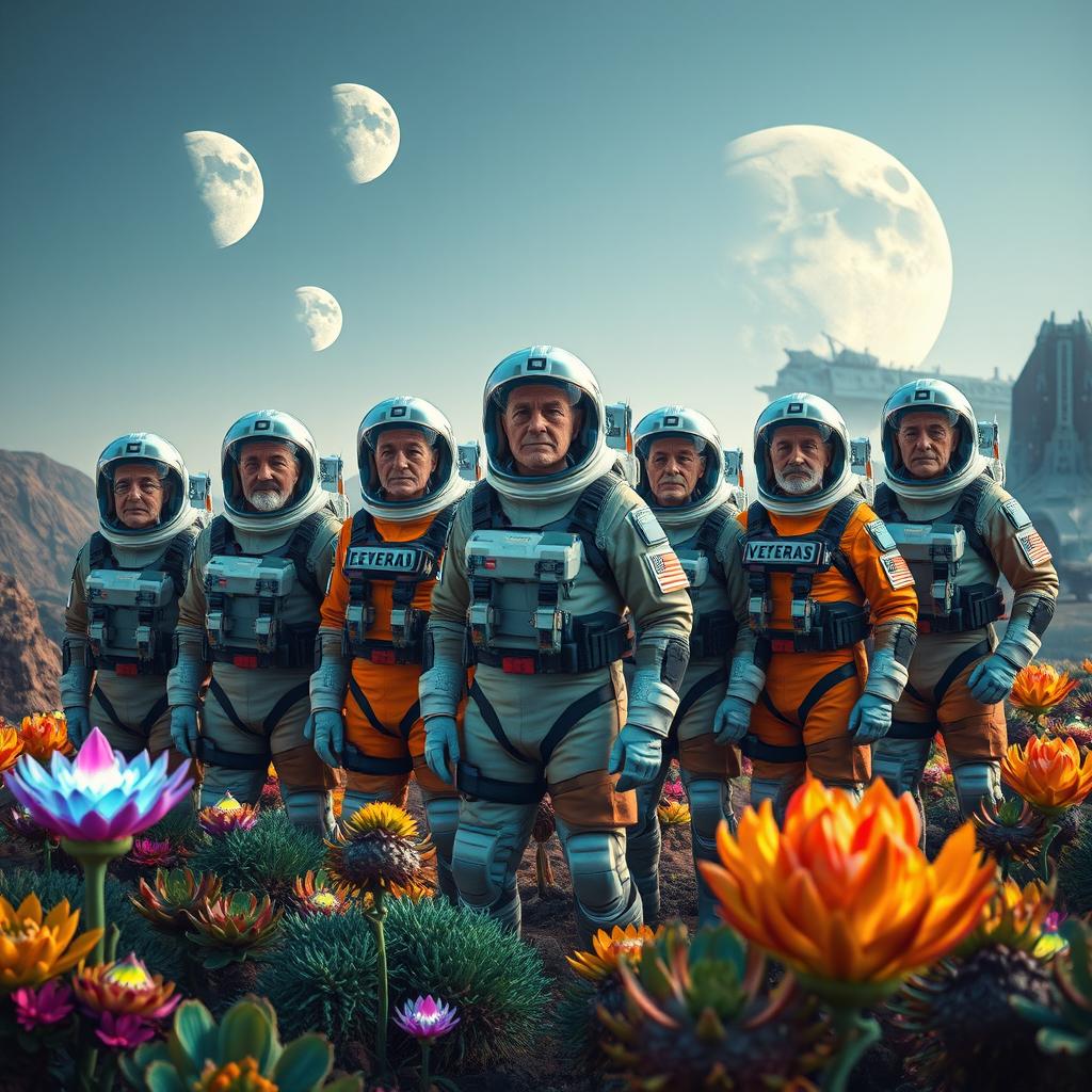 A striking scene depicting a group of veterans in advanced space suits, standing on a vibrant alien planet