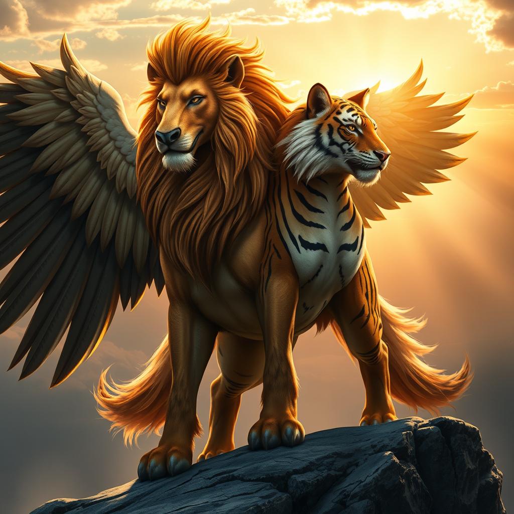 A powerful and inspiring fictional creature that embodies the majestic traits of a lion, horse, eagle, wolf, and tiger