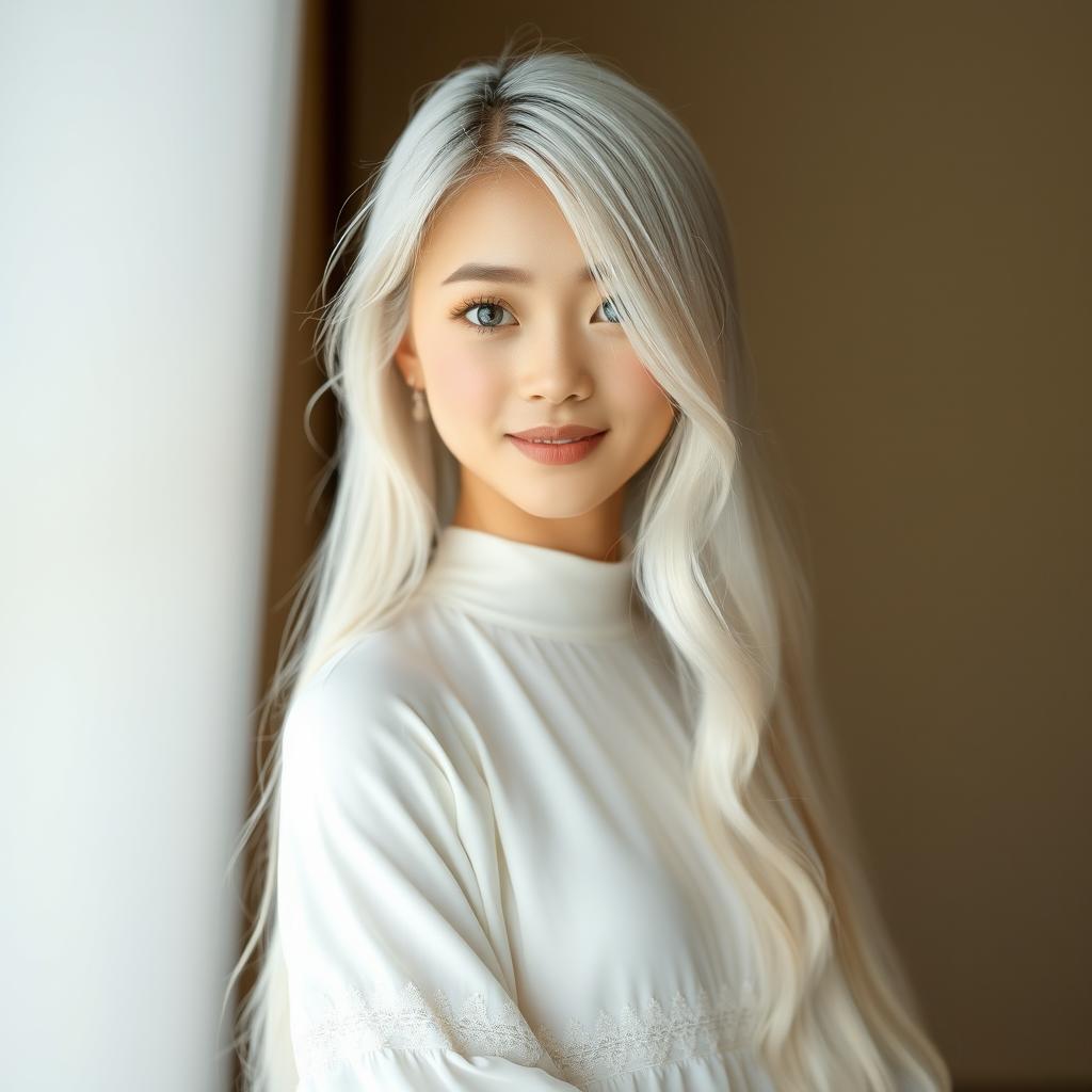 A beautiful Japanese woman with long, flowing white hair cascading down her back, her striking blue eyes sparkle with a hint of mischief and curiosity, framed by long, delicate eyelashes