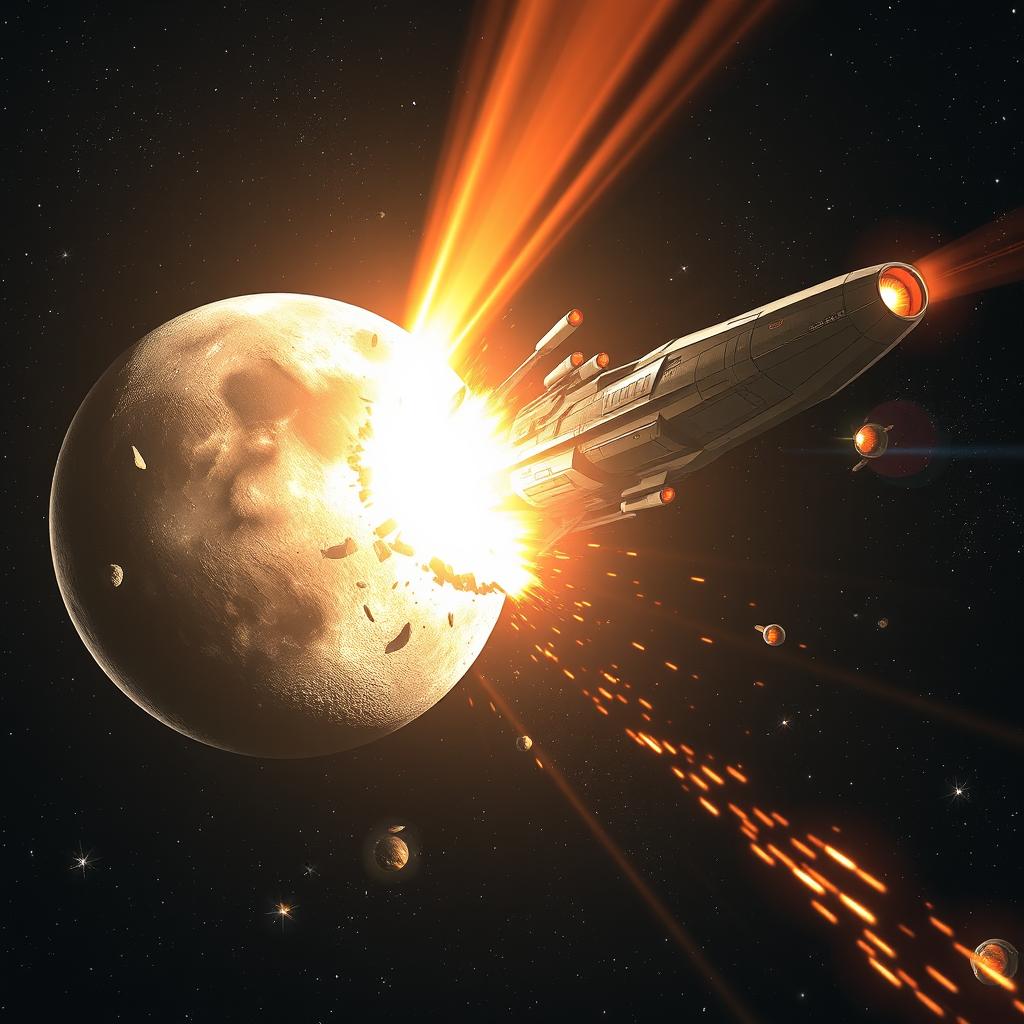 A dramatic scene depicting a colossal OGame-style spaceship unleashing a powerful energy beam to destroy a moon in the depths of space