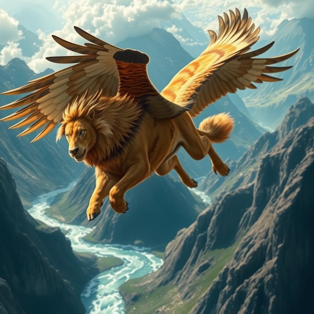 A breathtakingly powerful fictional creature in mid-flight that embodies the majestic traits of a lion, horse, eagle, wolf, and tiger