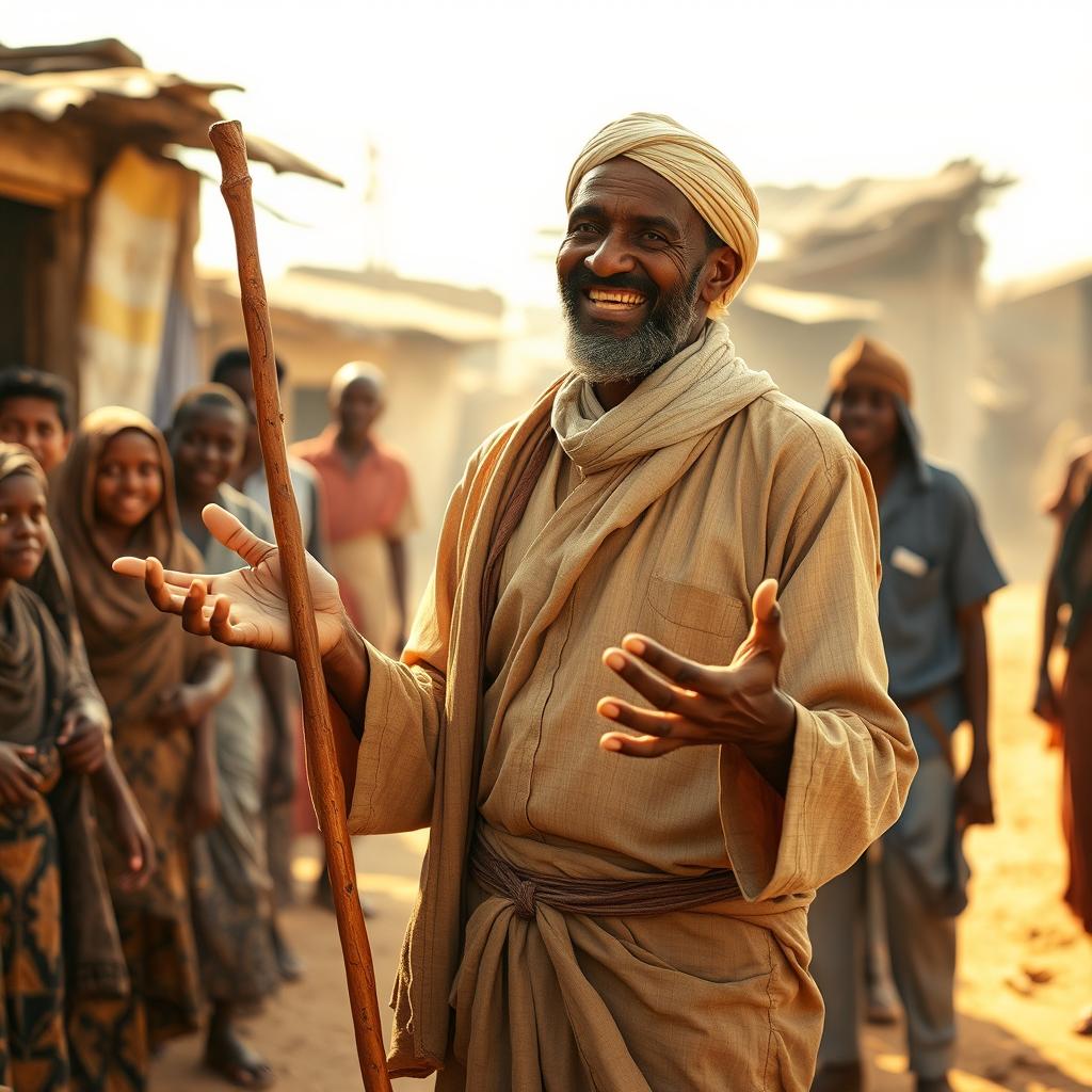 A clever-looking Somali man with a sly smile, dressed in traditional Somali attire, stands in a dusty village marketplace