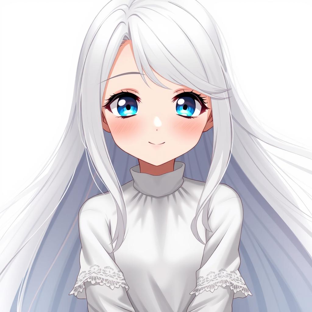 A beautiful anime girl with long, flowing white hair cascading down her back, striking blue eyes sparkling with mischief and curiosity, framed by long delicate eyelashes