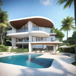 An open concept, single-story sea view villa with terraced contours, spanning a 100m2 plot and a 60m2 first floor building area. The second level features an infinity pool, carport, and a balcony. Each floor has a living room, bedroom, and bathroom. The villa does not have a roof.