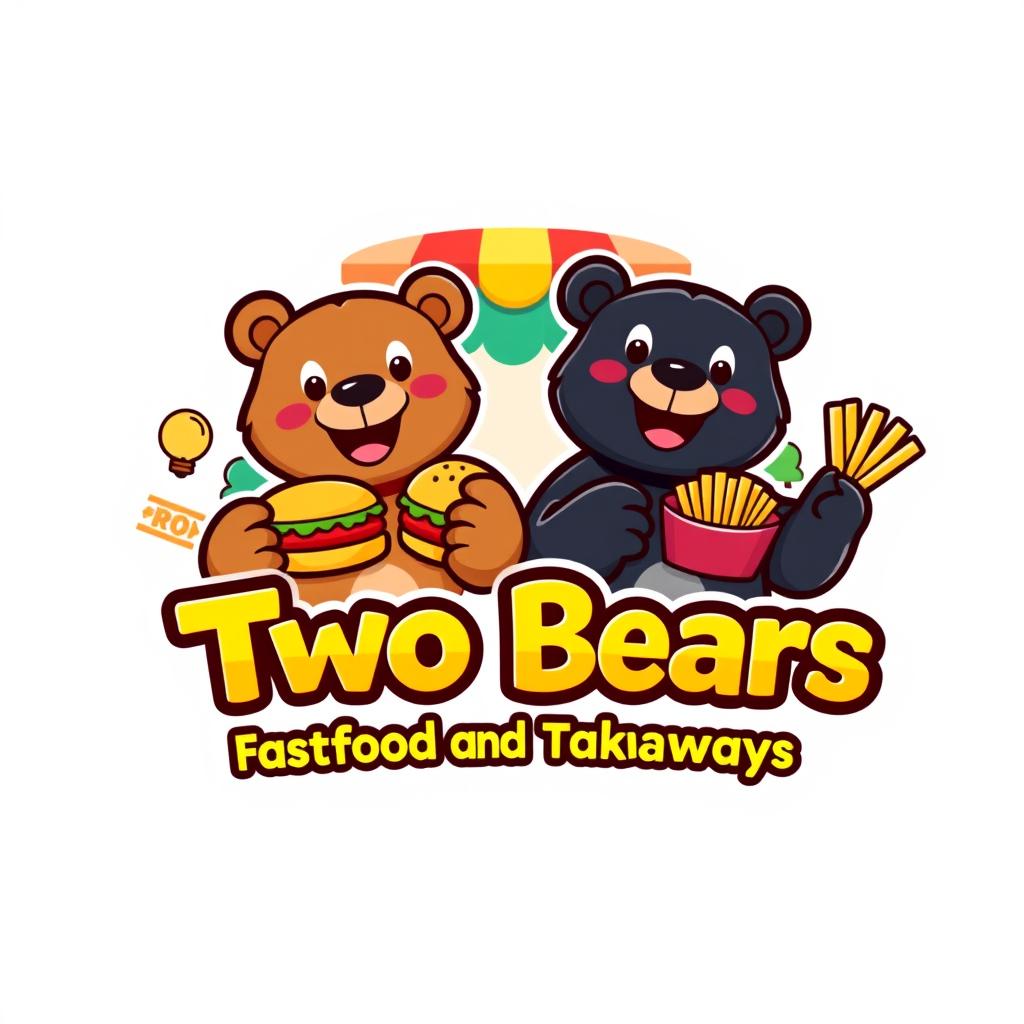 A bright and playful logo design for 'Two Bears Fastfood and Takeaways', featuring two cartoon bears, one brown and one black, happily holding burgers and fries