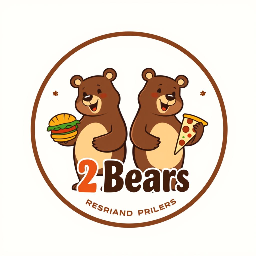 A logo design for '2 Bears Restaurant and Takeaways', featuring two cartoonish, friendly bears standing side by side, each holding a food item: one bear is holding a burger and the other bear is holding a pizza slice