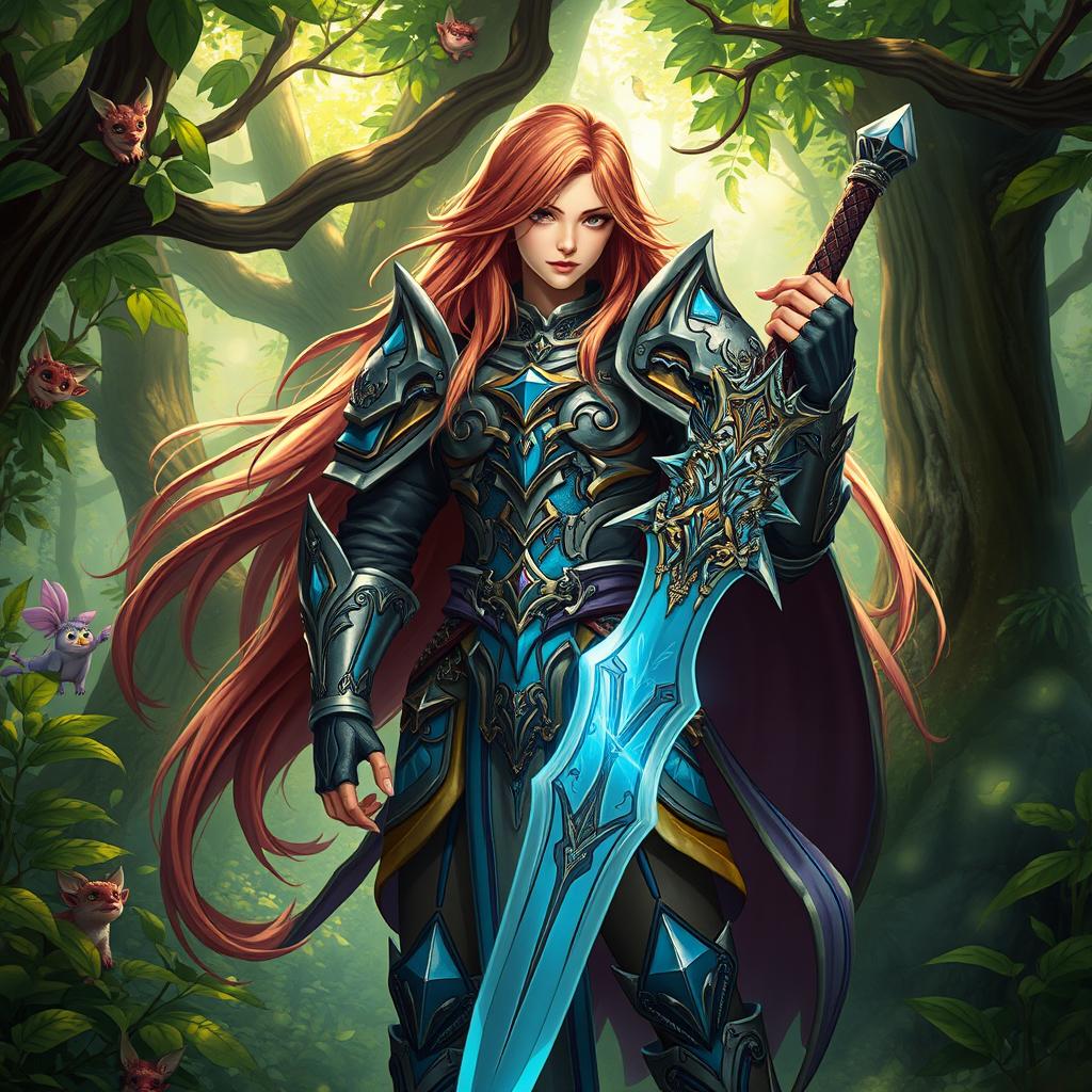 A striking fantasy character dressed in elaborate armor, featuring intricate designs, standing confidently in a lush, enchanted forest