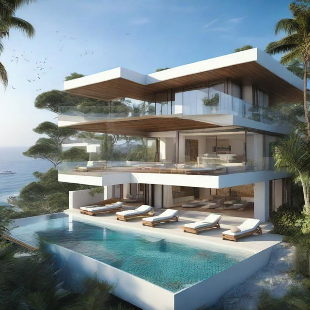 An open concept, single-story sea view villa with terraced contours, spanning a 100m2 plot and a 60m2 first floor building area. The second level features an infinity pool, carport, and a balcony. Each floor has a living room, bedroom, and bathroom. The villa does not have a roof.