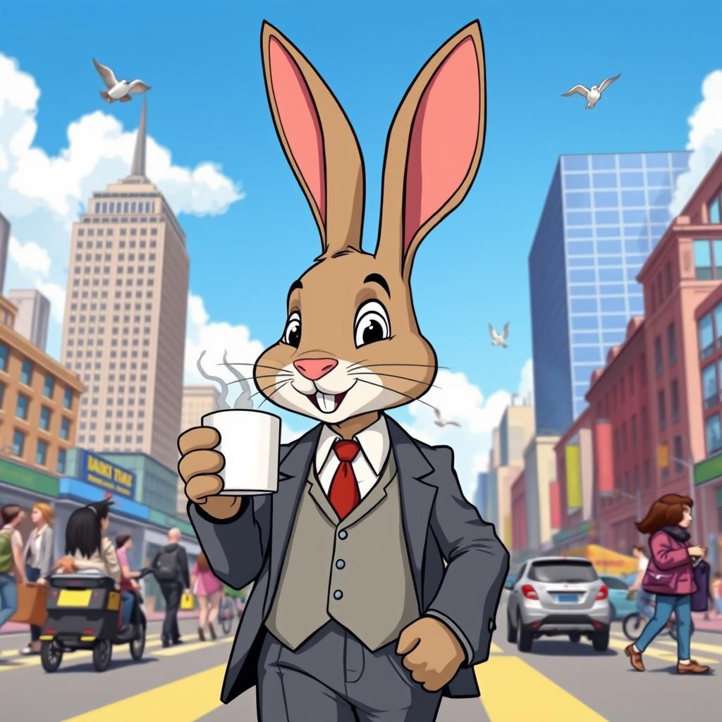 A whimsical scene depicting a cartoon-style rabbit wearing a business suit, holding a steaming cup of coffee