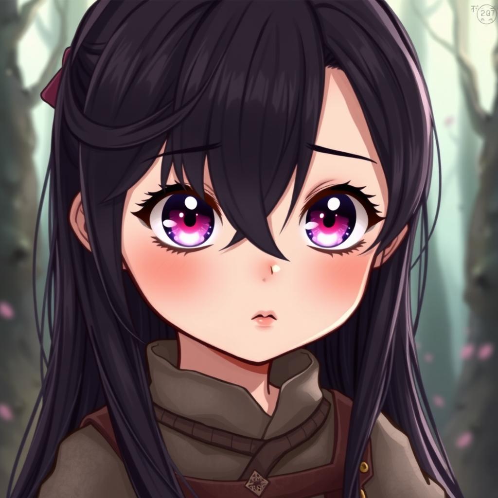 An illustration of a 5-year-old girl in a medieval manhwa/fantasy style, featuring long black hair styled with a side part and delicate strands falling over her forehead