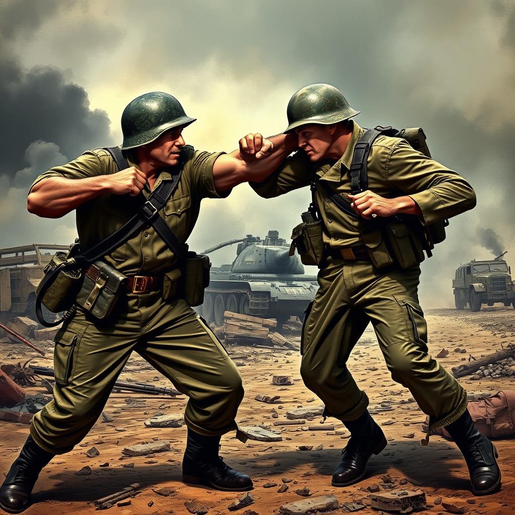 A dynamic scene depicting two strong World War II soldiers in combat
