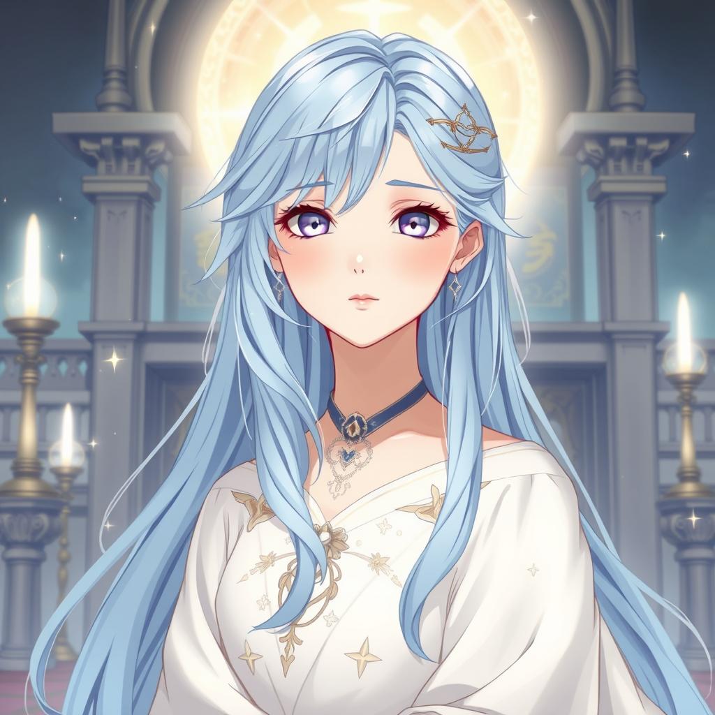 An illustration of a young woman with noble bearing in a medieval fantasy/manhwa style