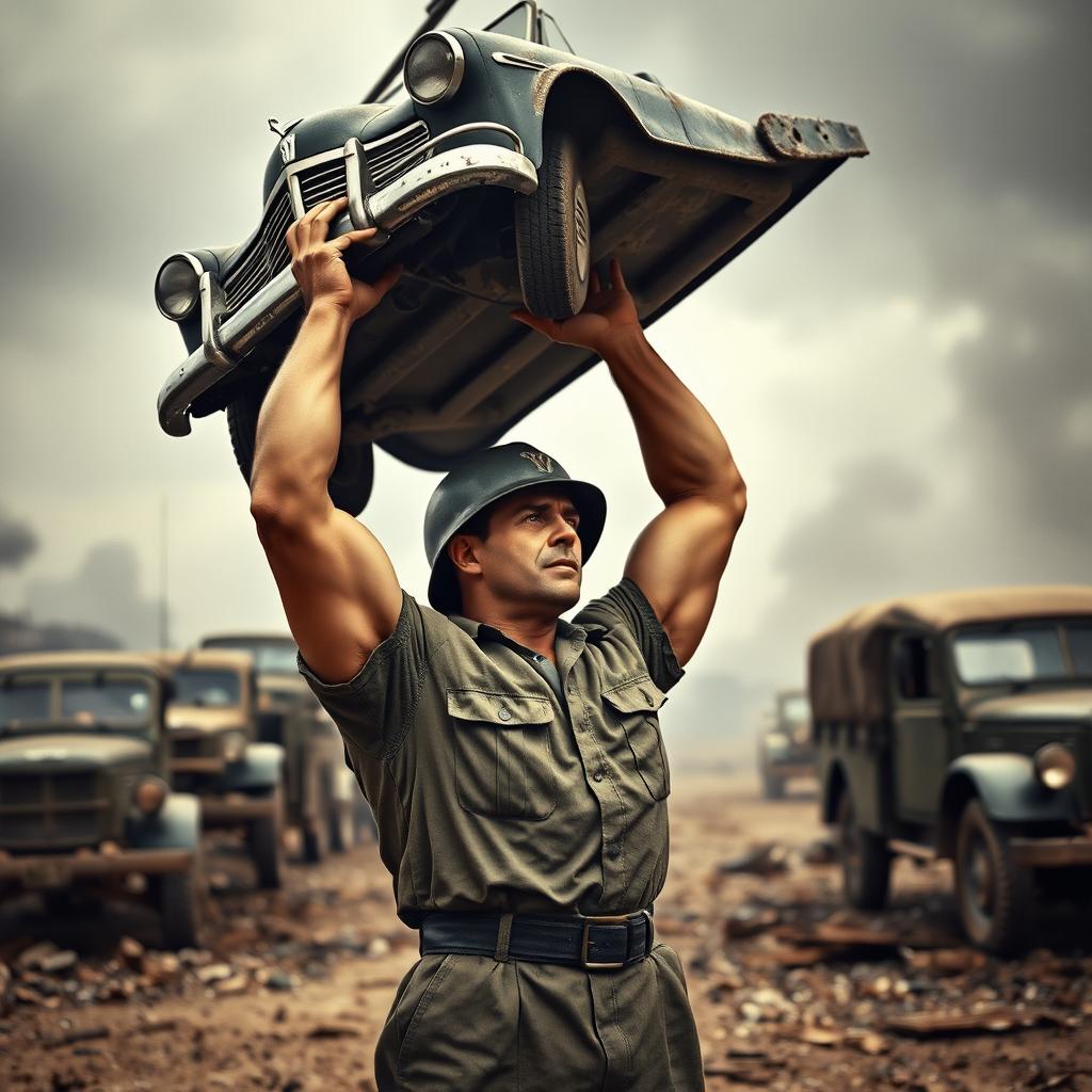A strong soldier in World War II lifting a car above his head, showcasing incredible strength and determination