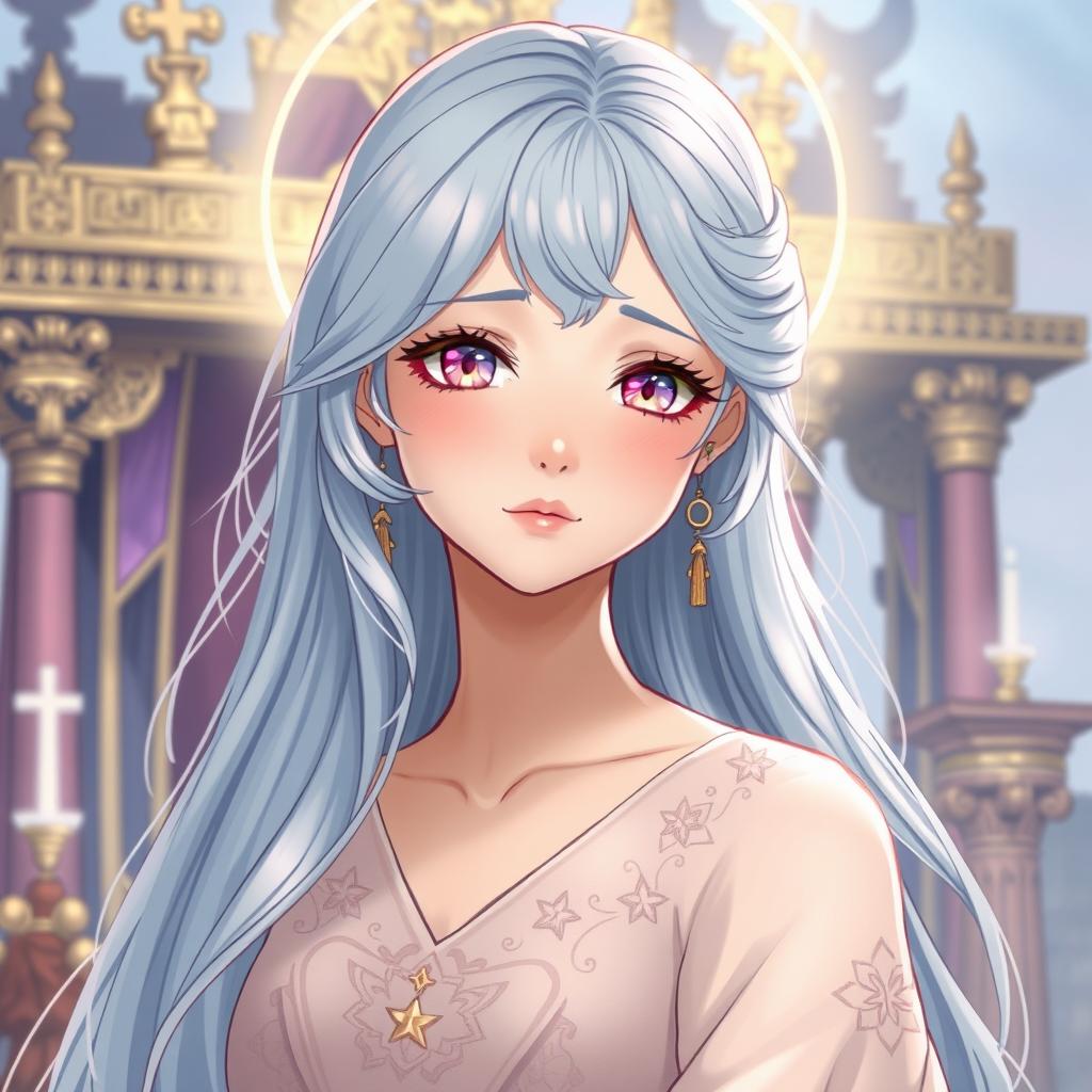 An illustration of a young woman with a noble bearing, depicted in a medieval fantasy/manhwa style