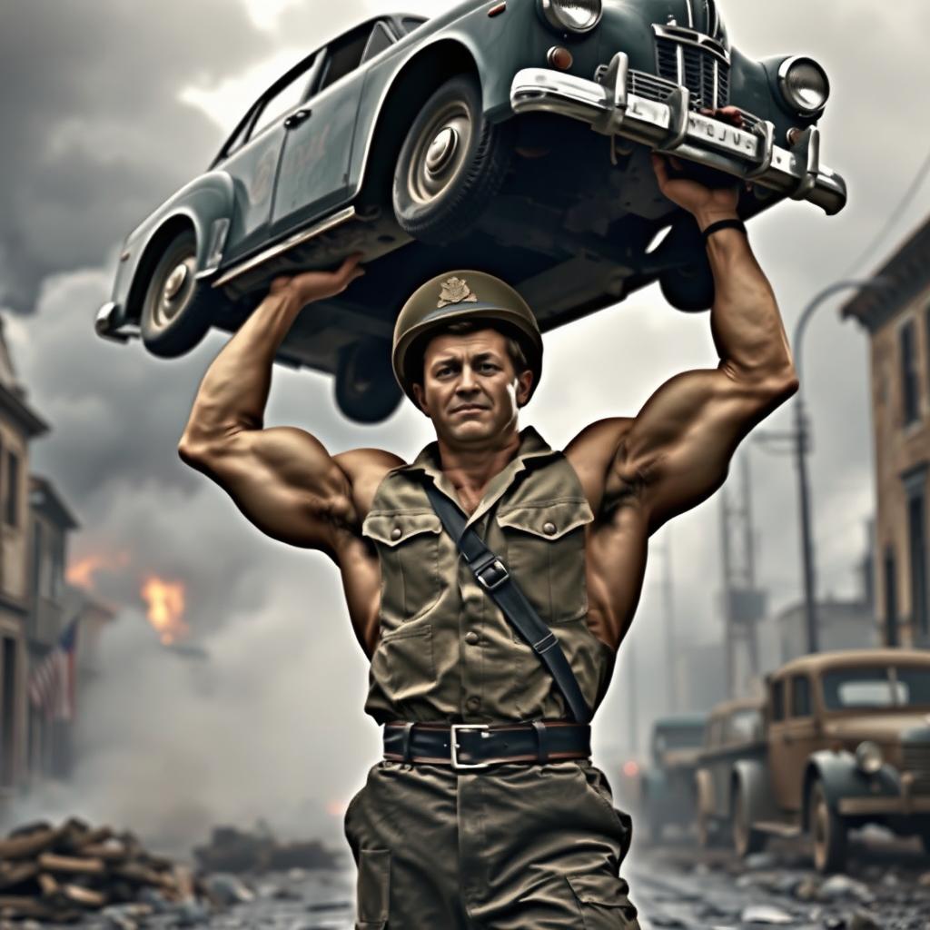 A strong soldier in World War II, displaying incredible strength as he lifts a car effortlessly above his head
