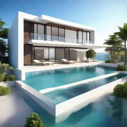 An open concept, single-story sea view villa with terraced contours, spanning a 100m2 plot and a 60m2 first floor building area. The second level features an infinity pool, carport, and a balcony. Each floor has a living room, bedroom, and bathroom. The villa does not have a roof.