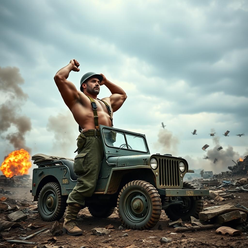 A strong soldier during World War 2, showcasing impressive muscular build, effortlessly lifting a large jeep in a war-torn setting