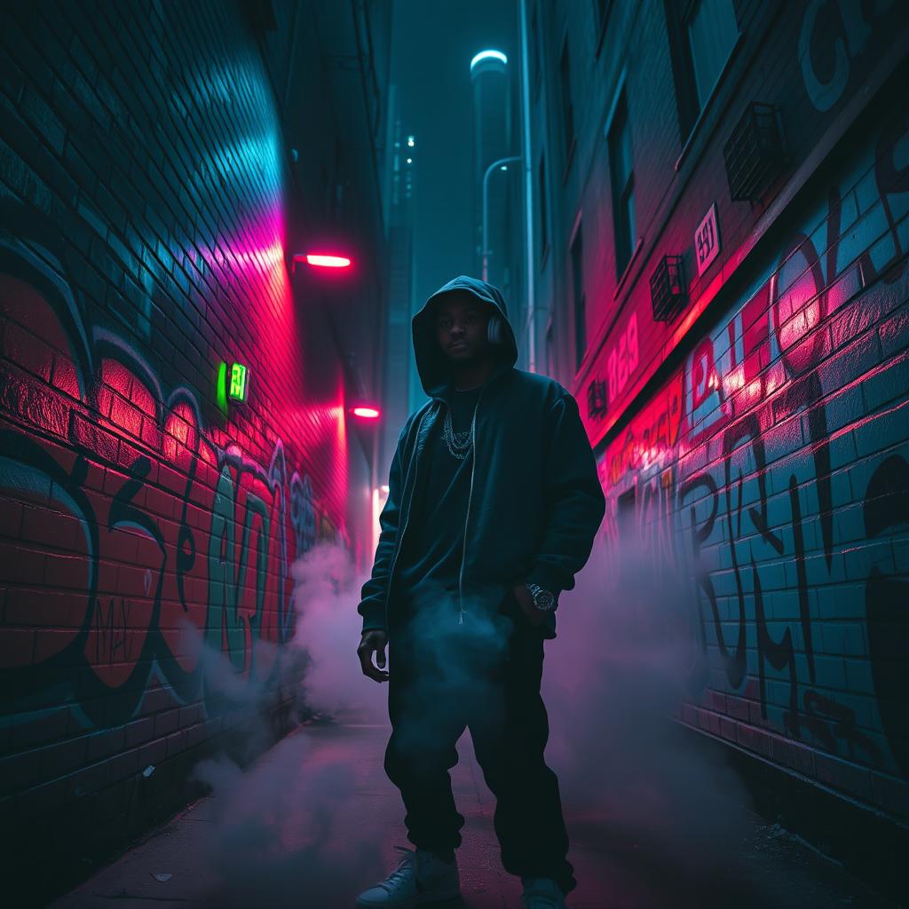 A dark and gritty urban scene inspired by rap and trap music culture, featuring a shadowy alleyway illuminated by neon lights