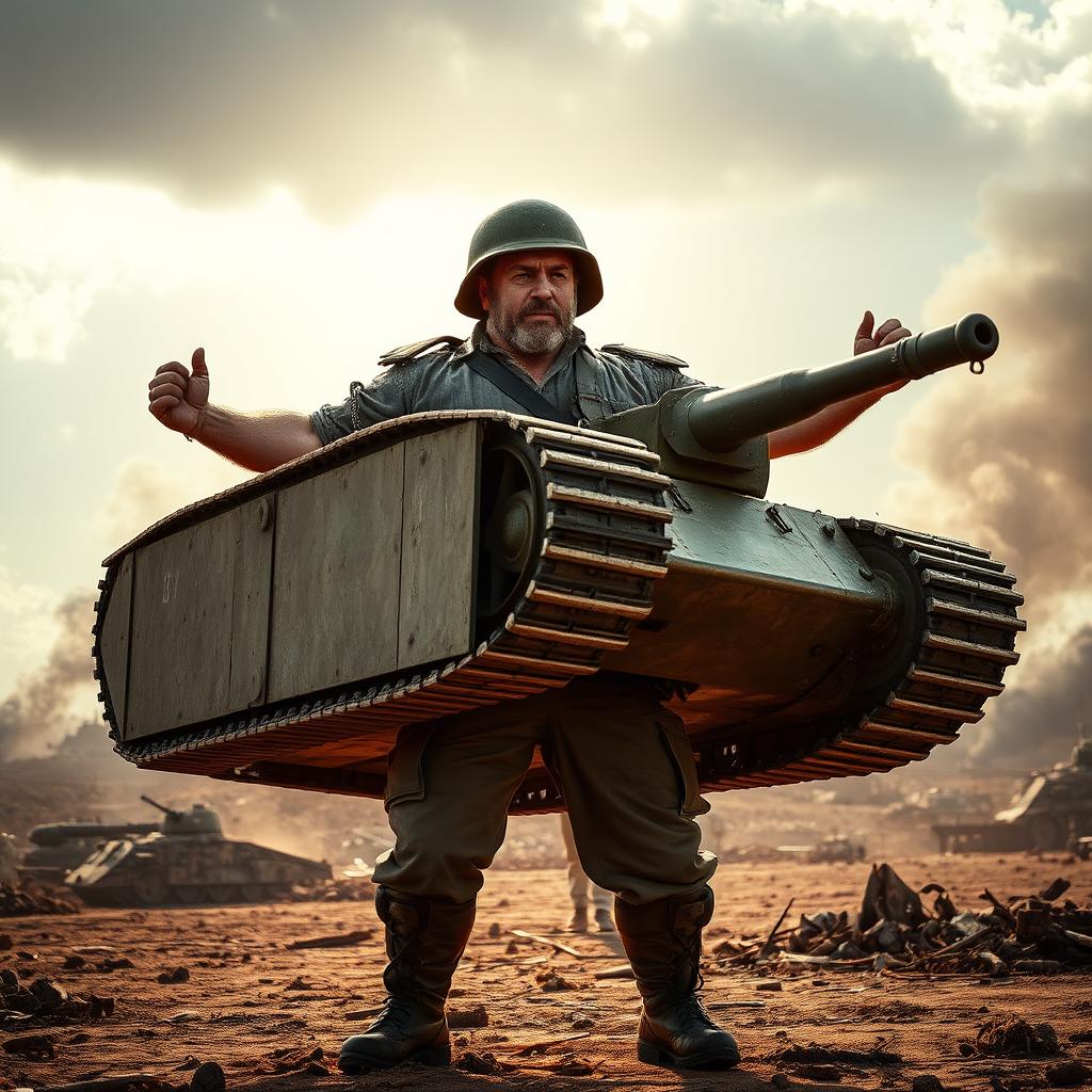 A powerful soldier in a World War II setting, displaying incredible strength as he lifts a massive tank effortlessly