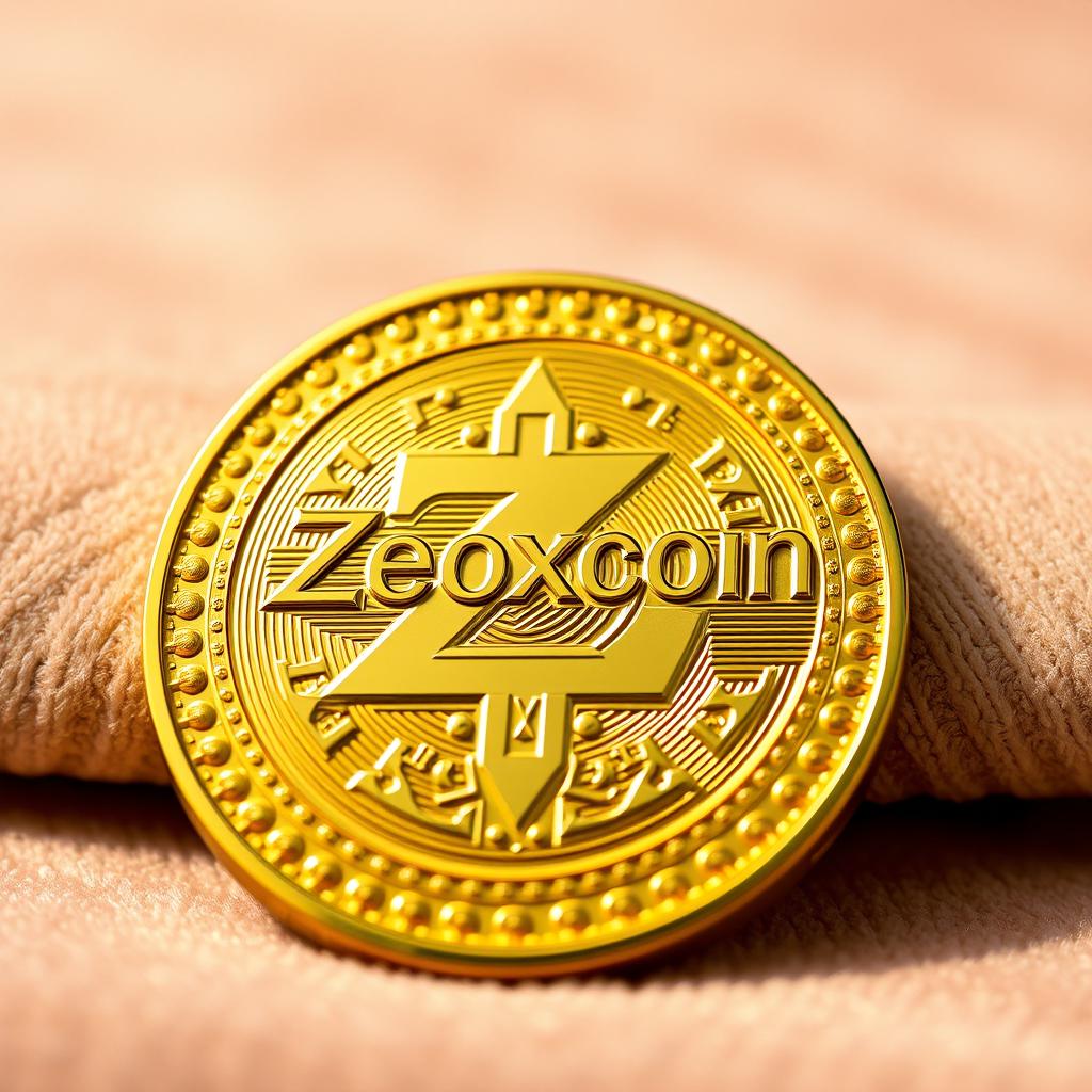 A shiny, gold coin with intricate engravings, prominently displaying the word "Zeoxcoin"