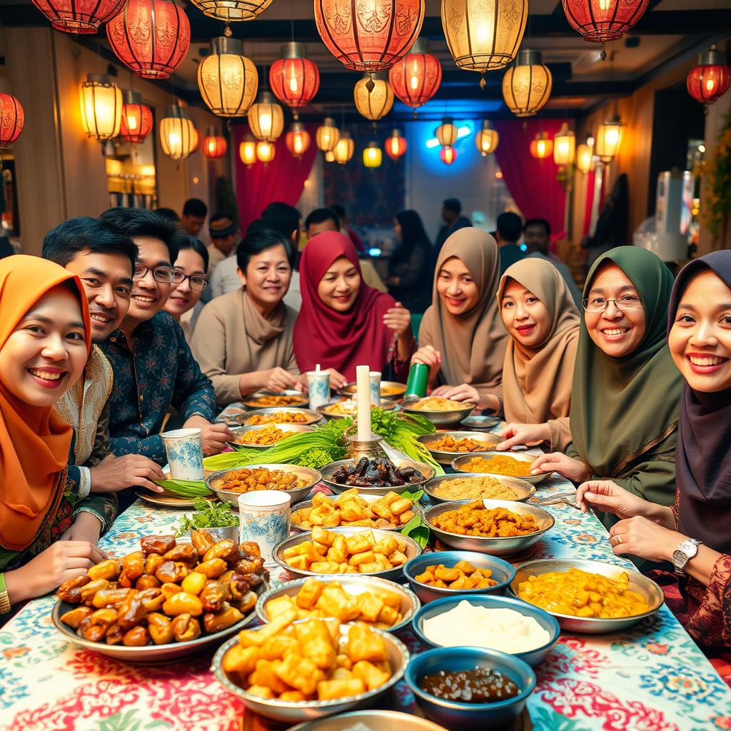 A vibrant and festive scene of a traditional Indonesian iftar gathering during Ramadan
