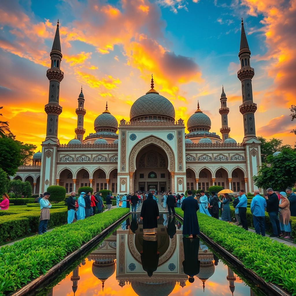 A stunning and intricately designed masjid, showcasing beautiful domes, elegant minarets, and ornate calligraphy and tile work