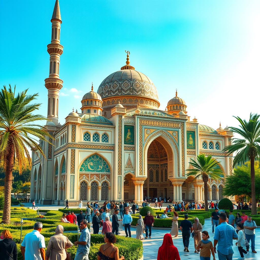 A beautiful, intricate masjid (mosque) with stunning Islamic architecture, featuring tall minarets and a large dome, adorned with elegant arabesque patterns and vibrant mosaic tiles