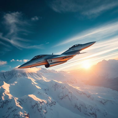 A sleek Russian fighter jet soaring through a breathtaking landscape of snowy mountains