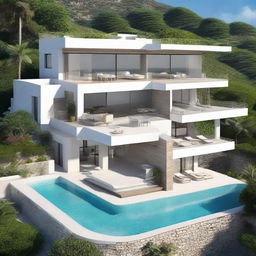 A one-story, roofless, sea view villa constructed with terraced contours. Located on a 100m2 land, the first floor is 60m2. The second story houses an infinity pool and carport. Both levels contain a living room, bedroom, and a bathroom, with a balcony adorning the second story.