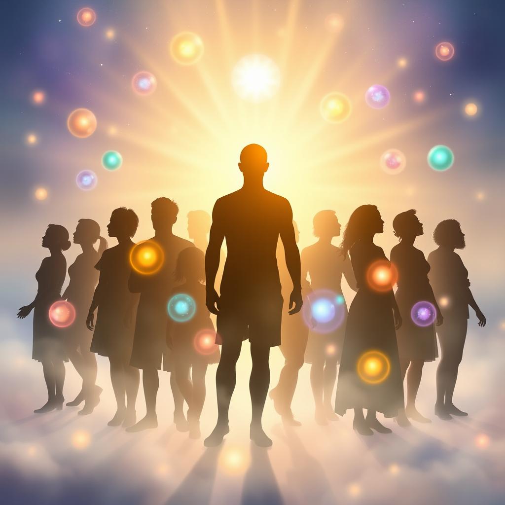 A mystical representation of "Luz nas Almas", showcasing a brilliant light emanating from diverse human silhouettes, symbolizing the inner light and spiritual essence of various cultures