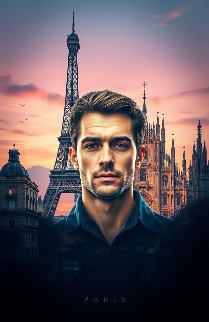 A stunning digital artwork featuring the Eiffel Tower and Milan's skyline, beautifully blended together in an artistic fusion